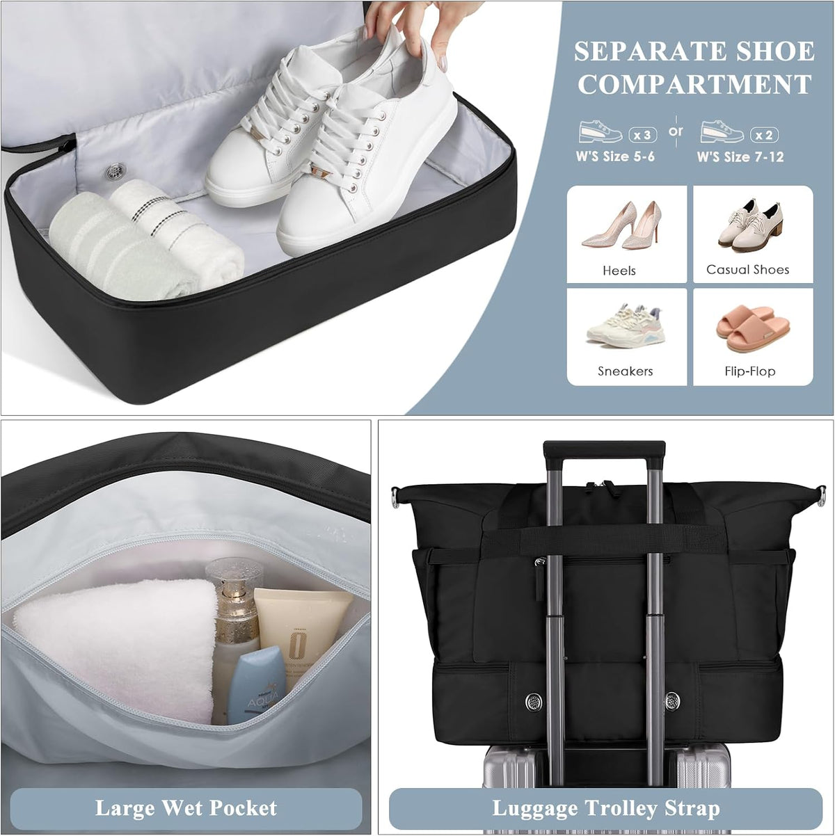 Gym Bag for Women, Personal Item Travel Bag with Shoes Compartment, Weekender Overnight Duffel Bag with Wet Pocket, Carry On Bag for Women, Travel, Gym, Weekend