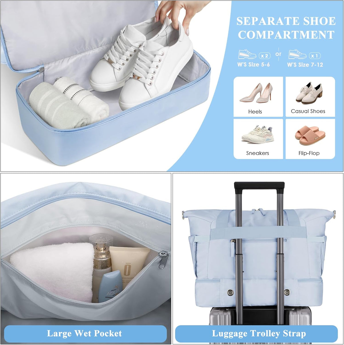 Gym Bag for Women, Personal Item Travel Bag with Shoes Compartment, Weekender Overnight Duffel Bag with Wet Pocket, Carry On Bag for Women, Travel, Gym, Weekend