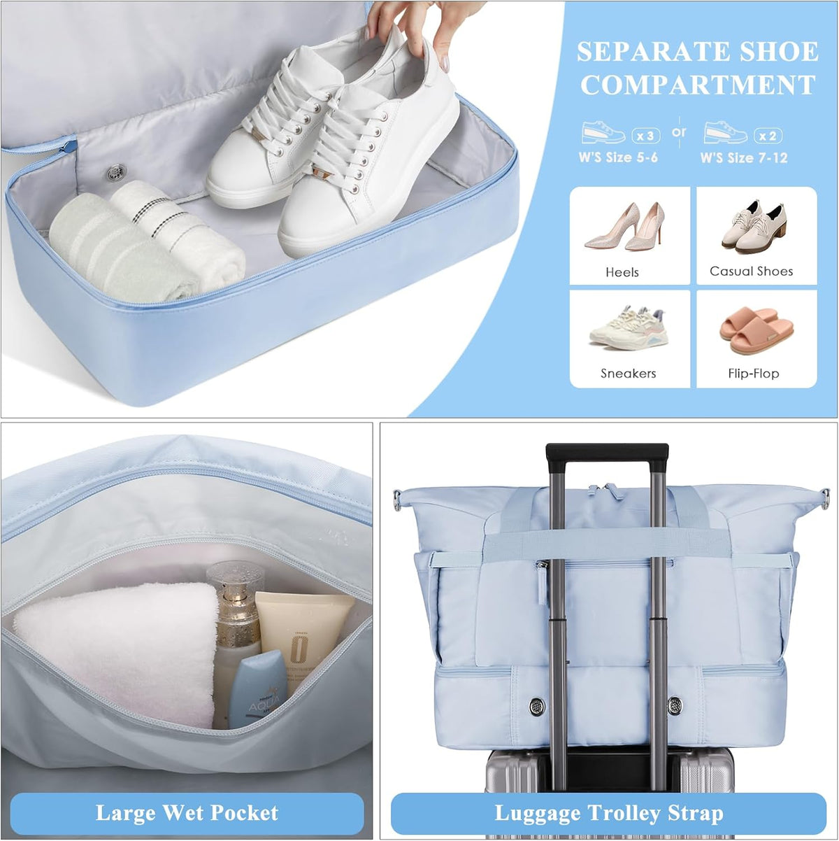 Gym Bag for Women, Personal Item Travel Bag with Shoes Compartment, Weekender Overnight Duffel Bag with Wet Pocket, Carry On Bag for Women, Travel, Gym, Weekend