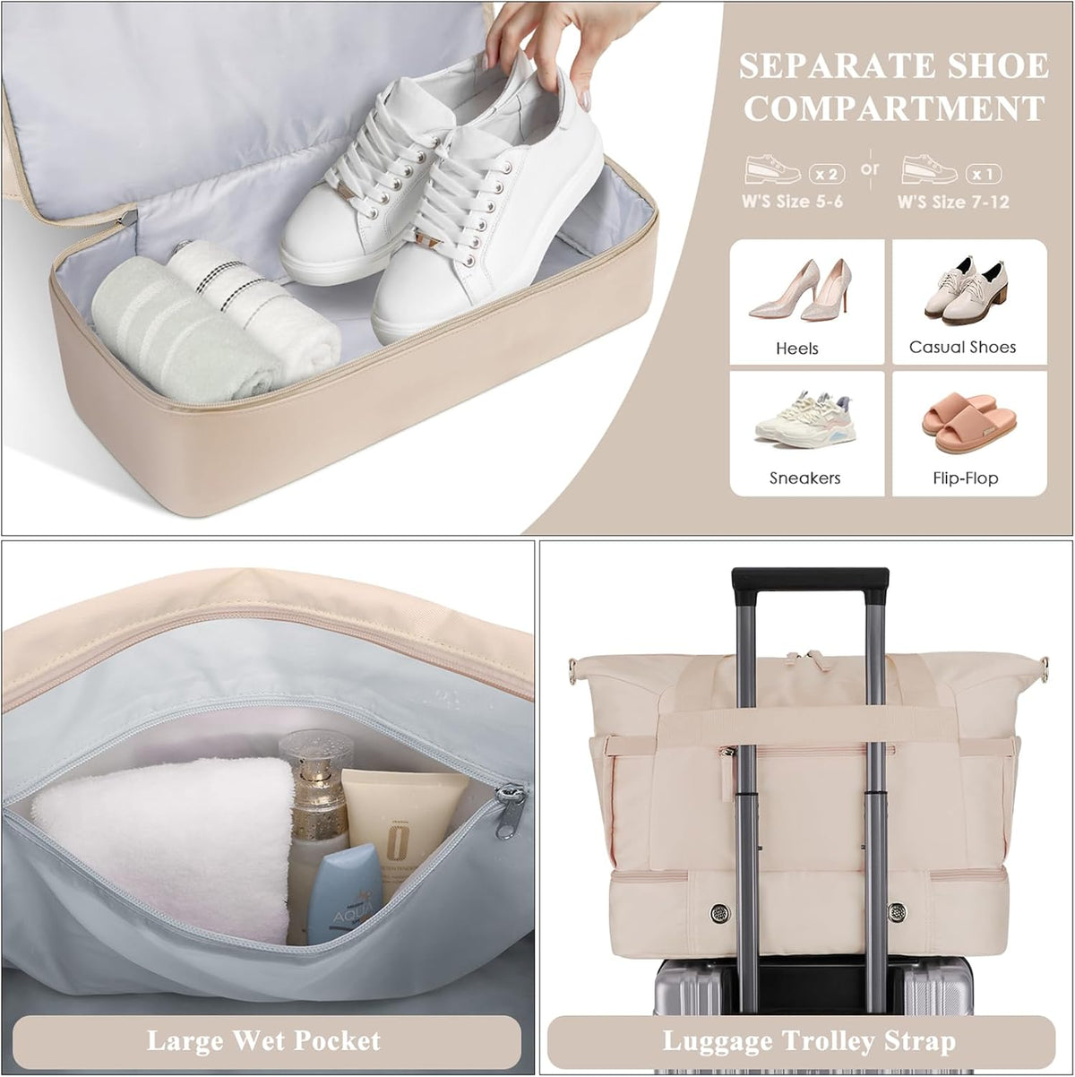Gym Bag for Women, Personal Item Travel Bag with Shoes Compartment, Weekender Overnight Duffel Bag with Wet Pocket, Carry On Bag for Women, Travel, Gym, Weekend