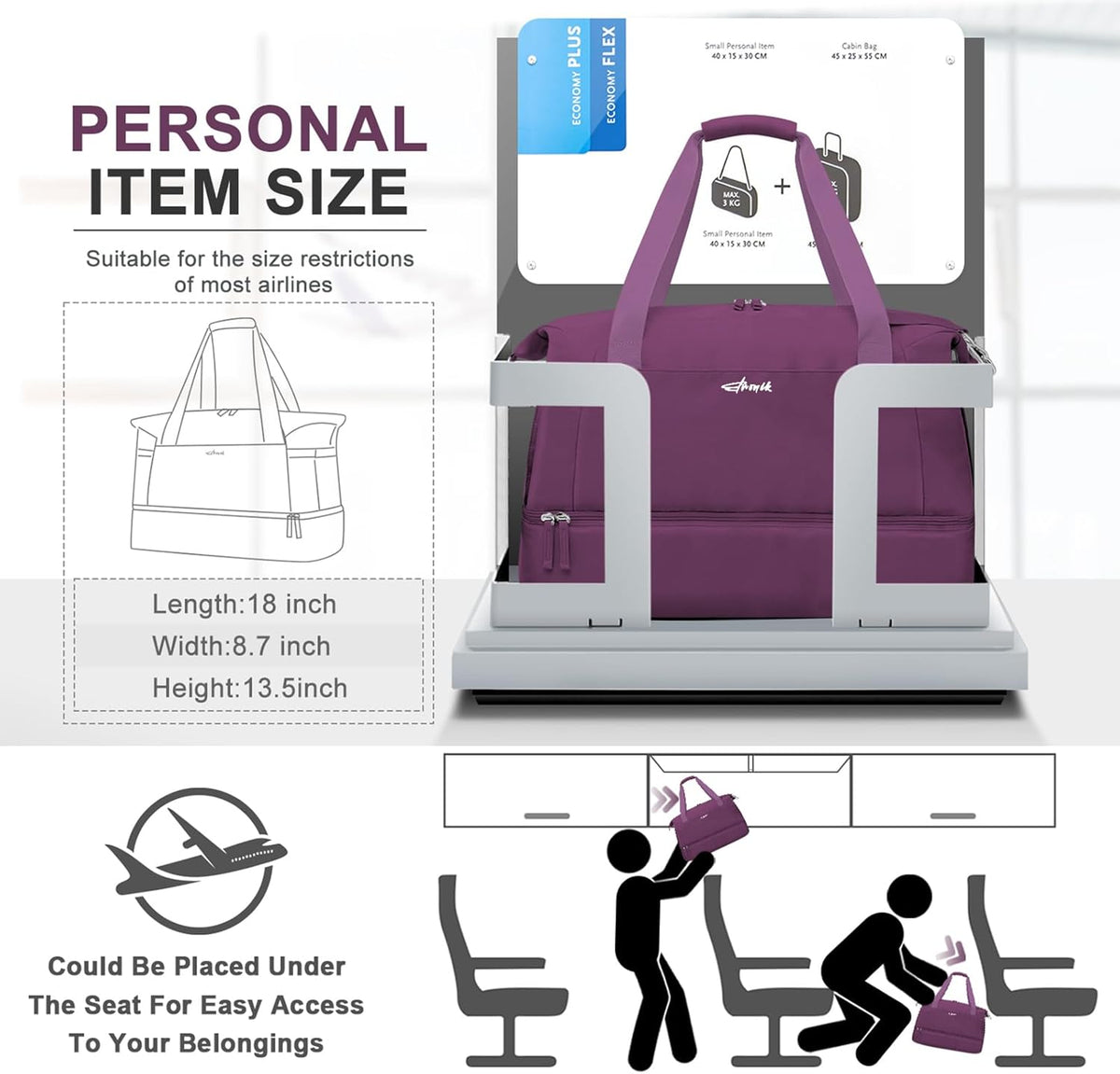 Gym Bag for Women, Personal Item Travel Bag with Shoes Compartment, Weekender Overnight Duffel Bag with Wet Pocket, Carry On Bag for Women, Travel, Gym, Weekend