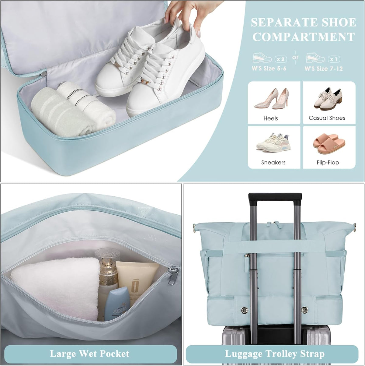 Gym Bag for Women, Personal Item Travel Bag with Shoes Compartment, Weekender Overnight Duffel Bag with Wet Pocket, Carry On Bag for Women, Travel, Gym, Weekend