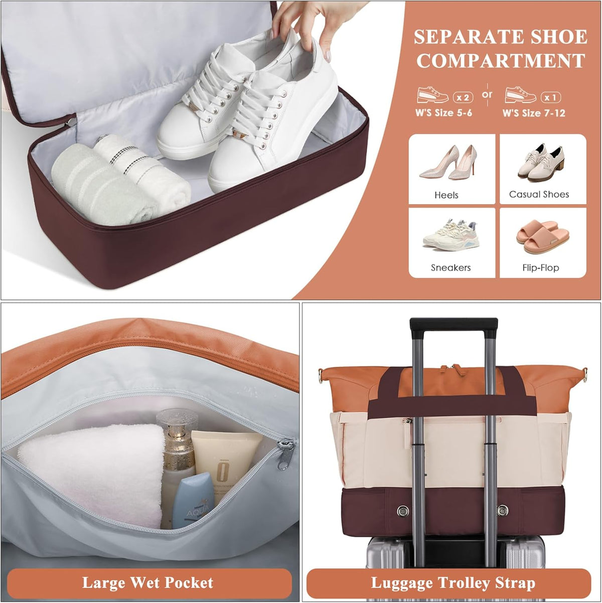 Gym Bag for Women, Personal Item Travel Bag with Shoes Compartment, Weekender Overnight Duffel Bag with Wet Pocket, Carry On Bag for Women, Travel, Gym, Weekend