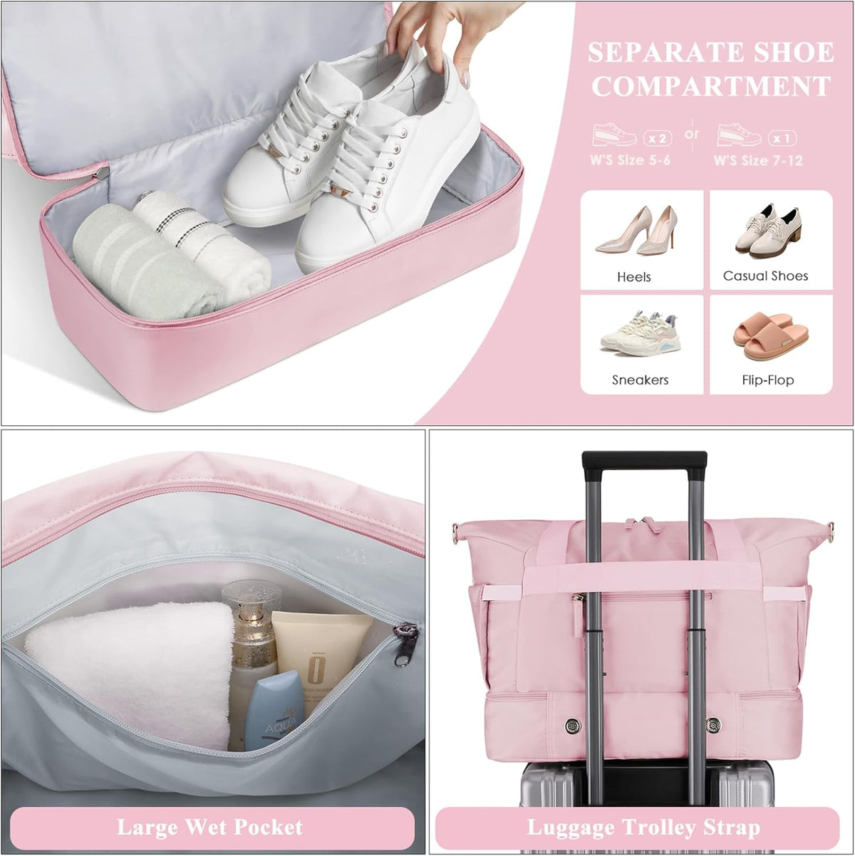 Gym Bag for Women, Personal Item Travel Bag with Shoes Compartment, Weekender Overnight Duffel Bag with Wet Pocket, Carry On Bag for Women, Travel, Gym, Weekend