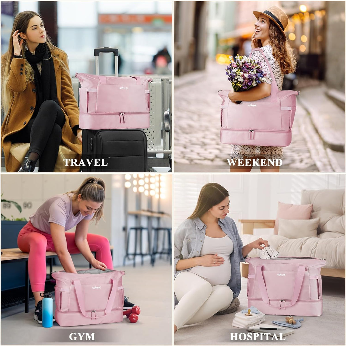 Gym Bag for Women, Personal Item Travel Bag with Shoes Compartment, Weekender Overnight Duffel Bag with Wet Pocket, Carry On Bag for Women, Travel, Gym, Weekend