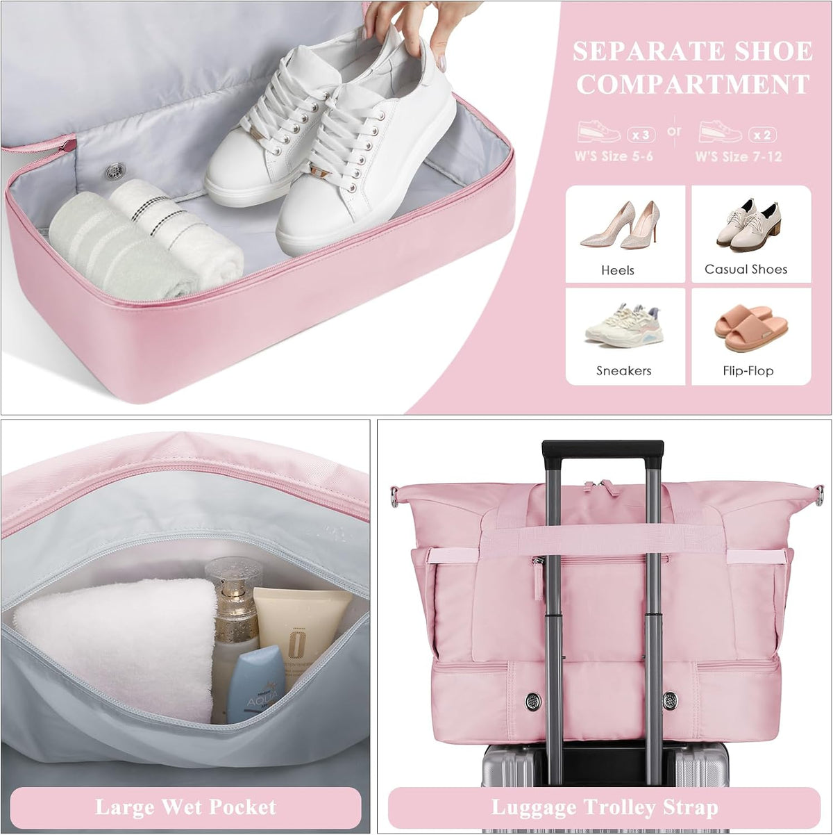 Gym Bag for Women, Personal Item Travel Bag with Shoes Compartment, Weekender Overnight Duffel Bag with Wet Pocket, Carry On Bag for Women, Travel, Gym, Weekend