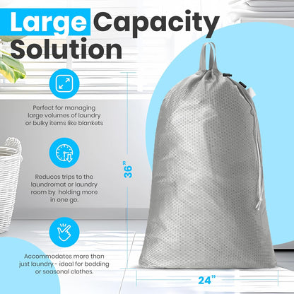 Mesh Laundry Bag 24 x 36 Inches - Extra Large Heavy Duty Bag with Handles & Shoulder Strap, Breathable, Machine Washable for Dorm, Travel, Bedding & Storage - Grey