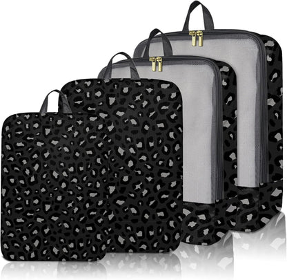 7 Set Packing Cubes Travel Luggage Organizers for Suitcase Travel Accessories with Shoe Bag for Women Girls Aesthetic Cute-Black Leopard Cheetah Pattern