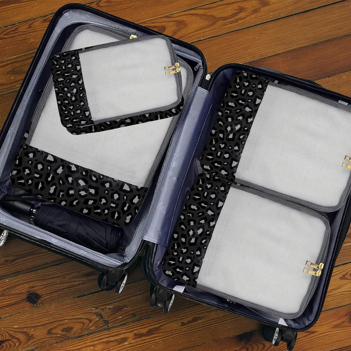 7 Set Packing Cubes Travel Luggage Organizers for Suitcase Travel Accessories with Shoe Bag for Women Girls Aesthetic Cute-Black Leopard Cheetah Pattern