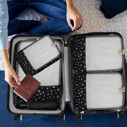 7 Set Packing Cubes Travel Luggage Organizers for Suitcase Travel Accessories with Shoe Bag for Women Girls Aesthetic Cute-Black Leopard Cheetah Pattern