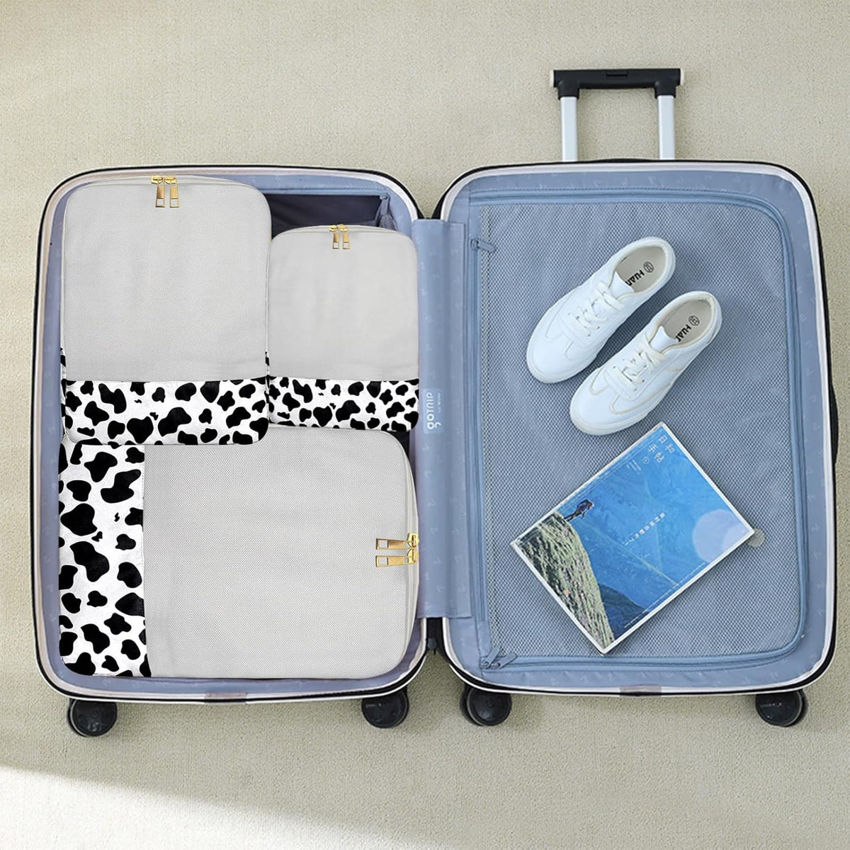 7 Set Packing Cubes Travel Luggage Organizers for Suitcase Travel Accessories with Shoe Bag for Women Girls Aesthetic Cute-Black Leopard Cheetah Pattern