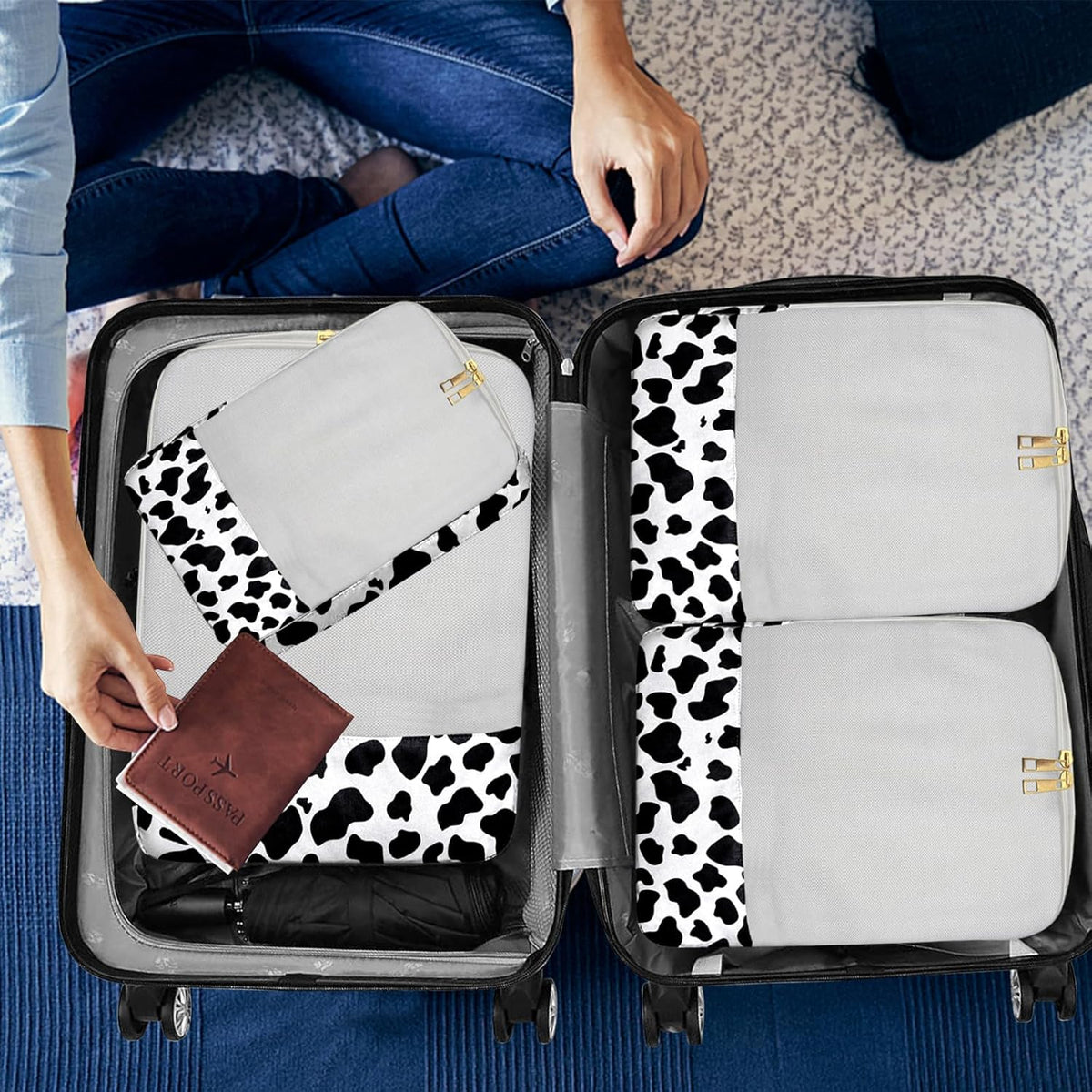 7 Set Packing Cubes Travel Luggage Organizers for Suitcase Travel Accessories with Shoe Bag for Women Girls Aesthetic Cute-Black Leopard Cheetah Pattern