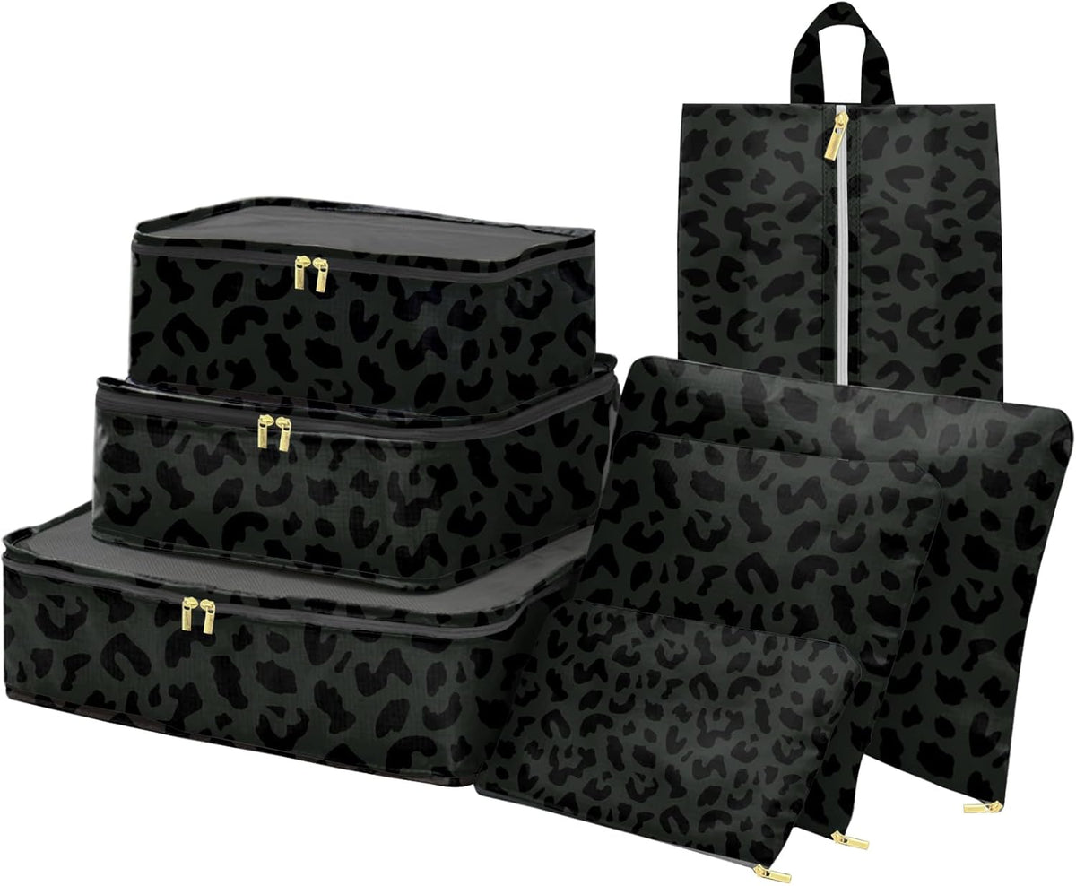7 Set Packing Cubes Travel Luggage Organizers for Suitcase Travel Accessories with Shoe Bag for Women Girls Aesthetic Cute-Black Leopard Cheetah Pattern