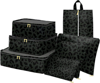 7 Set Packing Cubes Travel Luggage Organizers for Suitcase Travel Accessories with Shoe Bag for Women Girls Aesthetic Cute-Black Leopard Cheetah Pattern