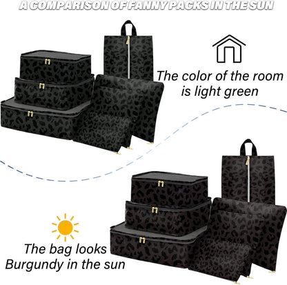 7 Set Packing Cubes Travel Luggage Organizers for Suitcase Travel Accessories with Shoe Bag for Women Girls Aesthetic Cute-Black Leopard Cheetah Pattern