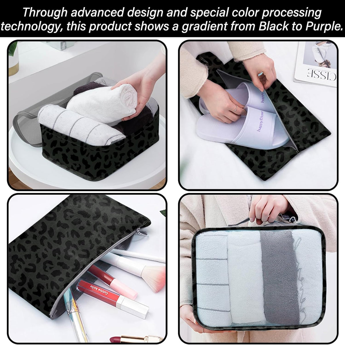 7 Set Packing Cubes Travel Luggage Organizers for Suitcase Travel Accessories with Shoe Bag for Women Girls Aesthetic Cute-Black Leopard Cheetah Pattern
