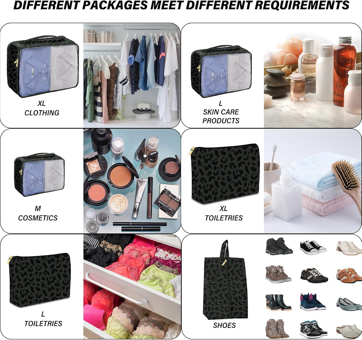 7 Set Packing Cubes Travel Luggage Organizers for Suitcase Travel Accessories with Shoe Bag for Women Girls Aesthetic Cute-Black Leopard Cheetah Pattern