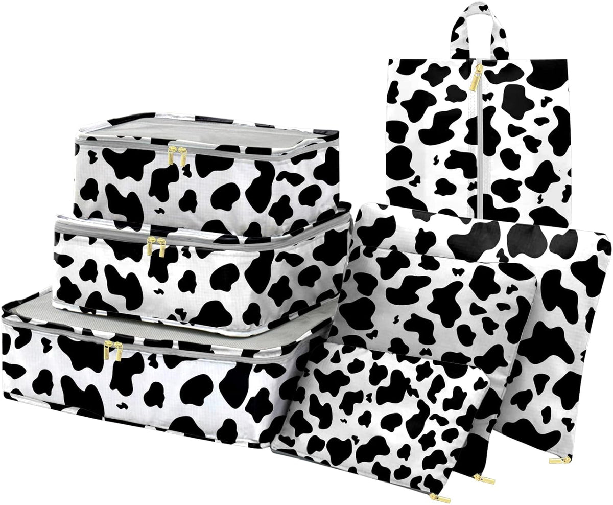 7 Set Packing Cubes Travel Luggage Organizers for Suitcase Travel Accessories with Shoe Bag for Women Girls Aesthetic Cute-Black Leopard Cheetah Pattern