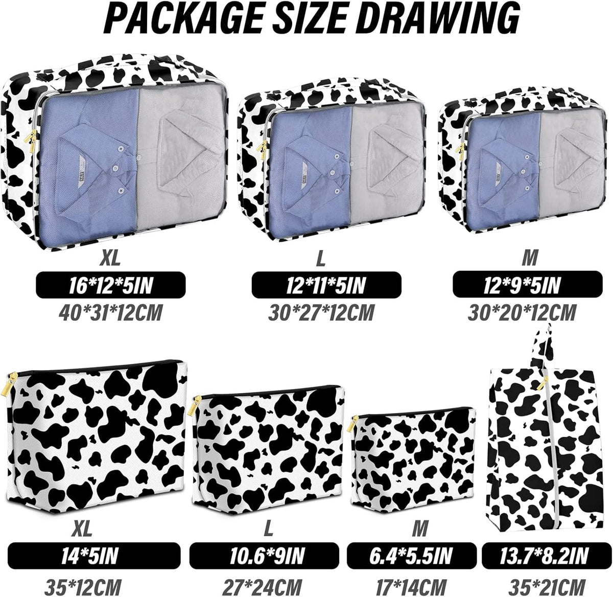 7 Set Packing Cubes Travel Luggage Organizers for Suitcase Travel Accessories with Shoe Bag for Women Girls Aesthetic Cute-Black Leopard Cheetah Pattern