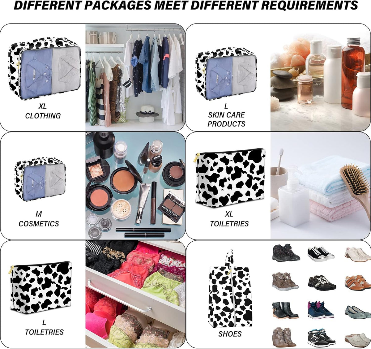 7 Set Packing Cubes Travel Luggage Organizers for Suitcase Travel Accessories with Shoe Bag for Women Girls Aesthetic Cute-Black Leopard Cheetah Pattern
