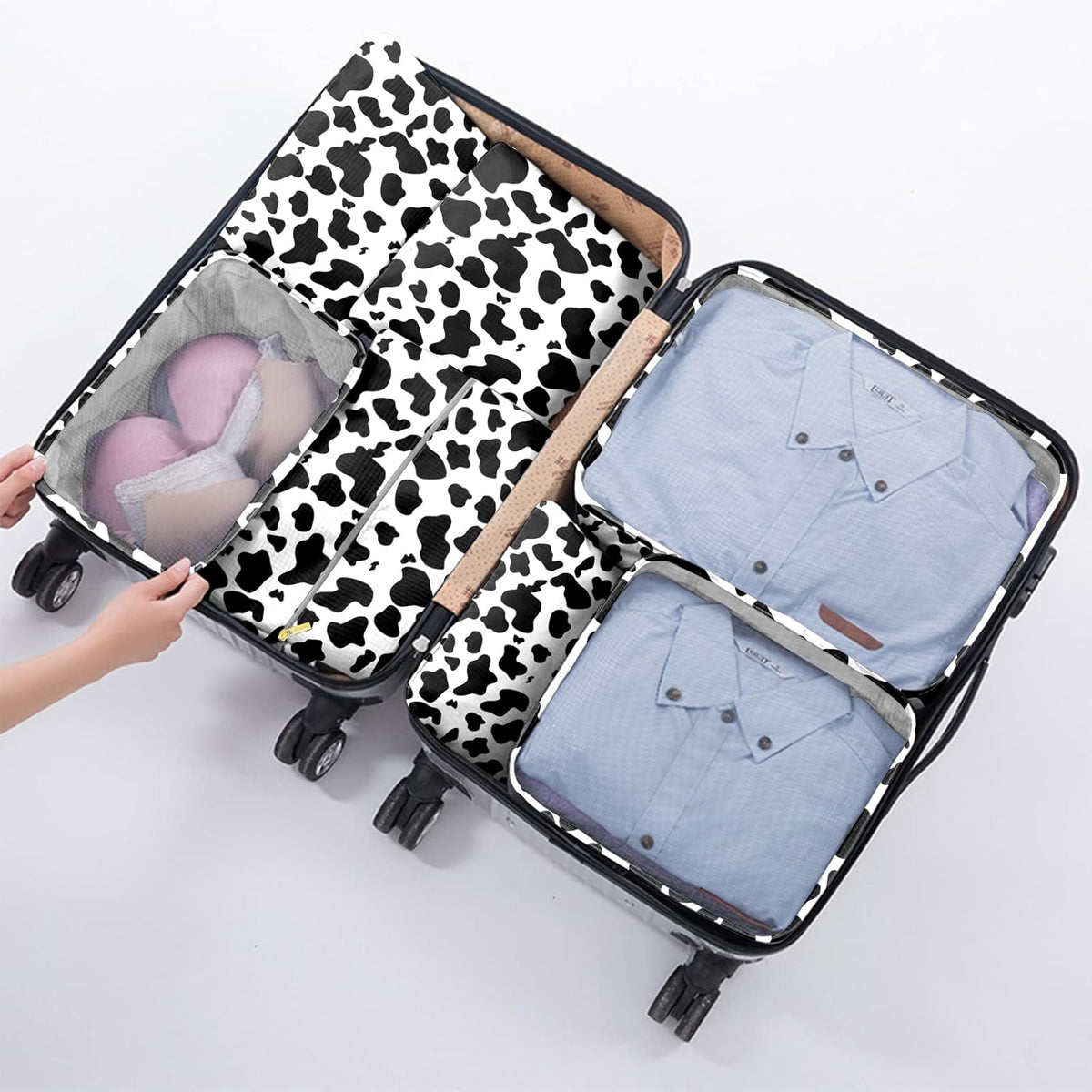 7 Set Packing Cubes Travel Luggage Organizers for Suitcase Travel Accessories with Shoe Bag for Women Girls Aesthetic Cute-Black Leopard Cheetah Pattern