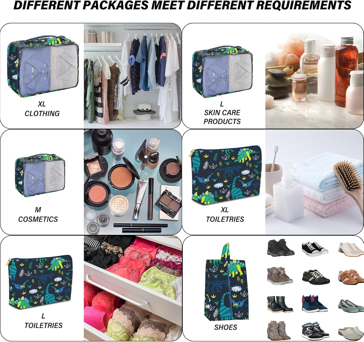 7 Set Packing Cubes Travel Luggage Organizers for Suitcase Travel Accessories with Shoe Bag for Women Girls Aesthetic Cute-Black Leopard Cheetah Pattern