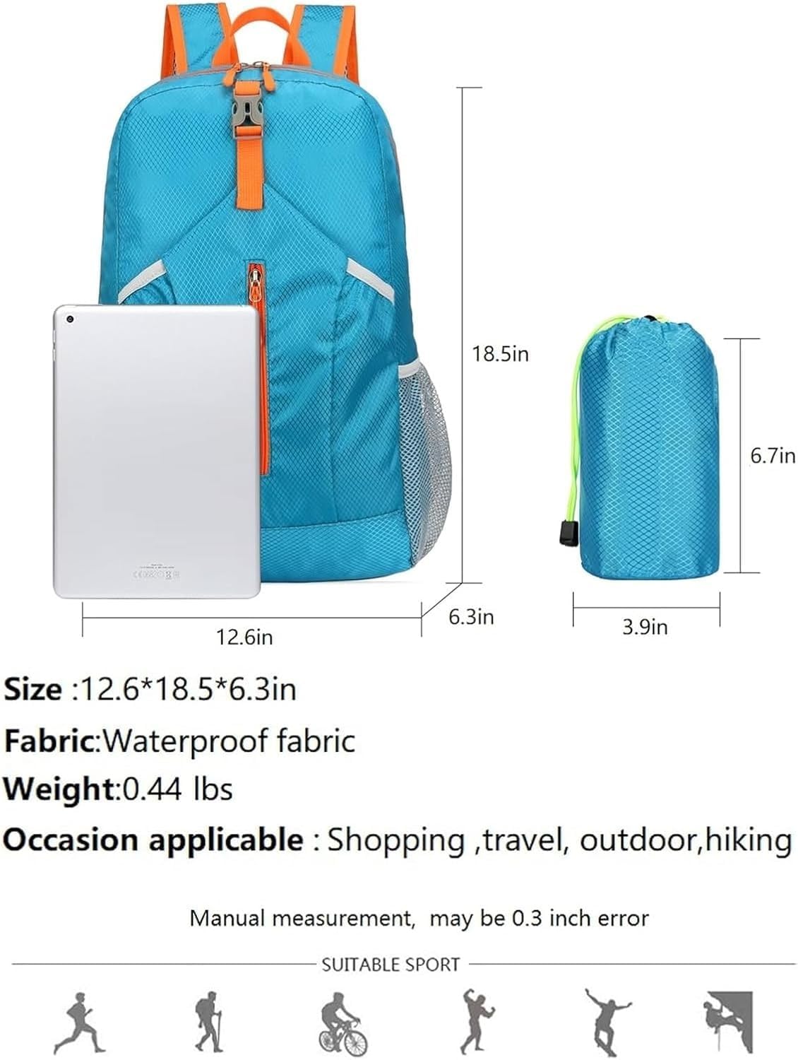 25L Foldable Hiking Backpack,Small Packable Daypack, Blue | Lightweight Collapsible Bag,Water Repellent Travel Basic-Daypack,Men Women Camping Cycling Rucksack Outdoor Back Pack