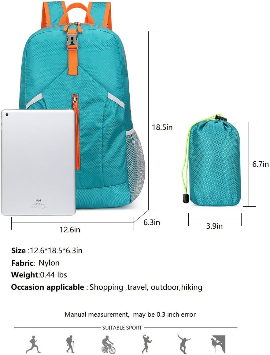 25L Foldable Hiking Backpack,Small Packable Daypack, Blue | Lightweight Collapsible Bag,Water Repellent Travel Basic-Daypack,Men Women Camping Cycling Rucksack Outdoor Back Pack