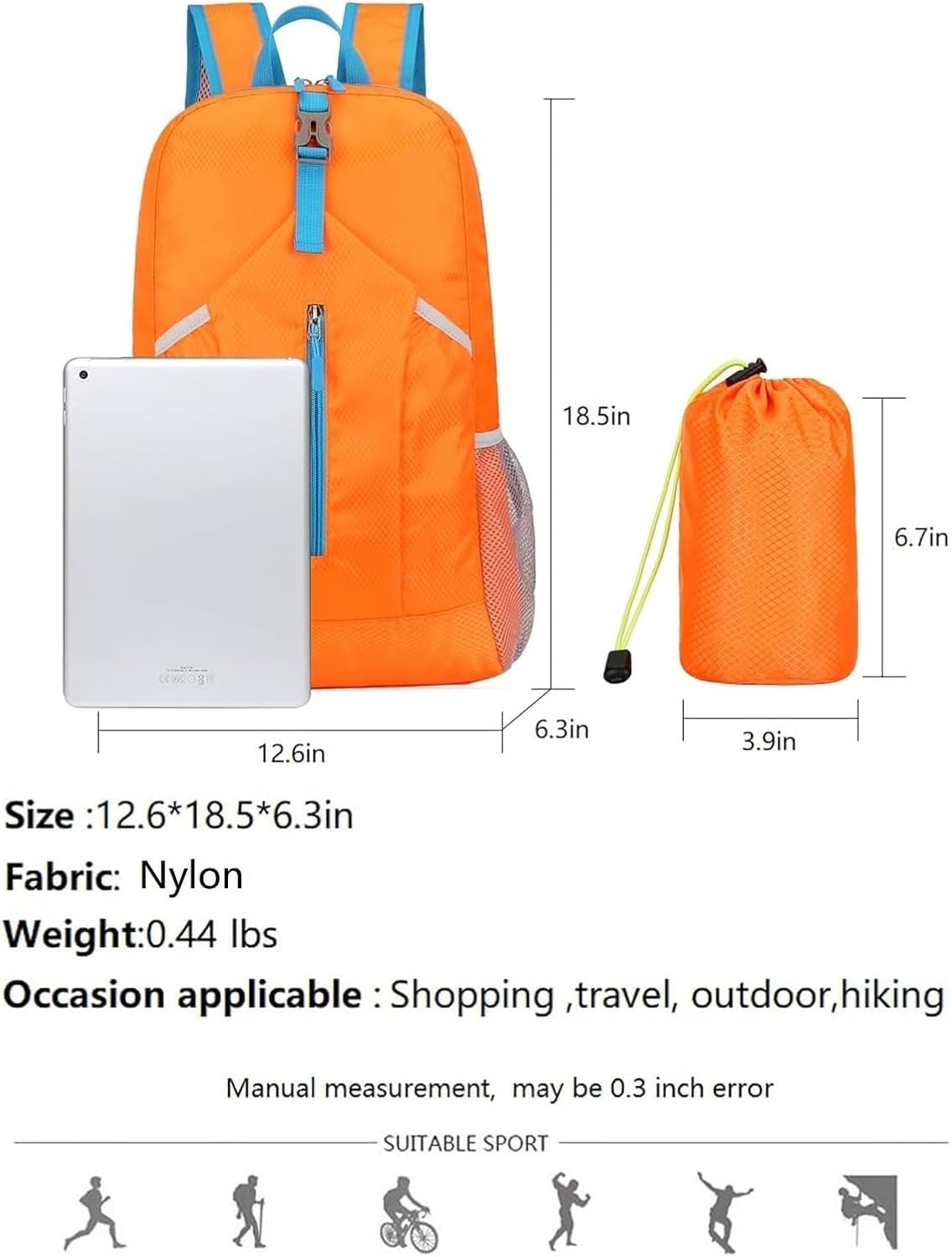 25L Foldable Hiking Backpack,Small Packable Daypack, Blue | Lightweight Collapsible Bag,Water Repellent Travel Basic-Daypack,Men Women Camping Cycling Rucksack Outdoor Back Pack