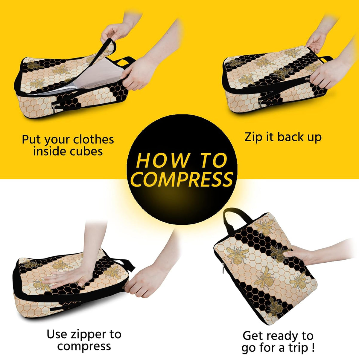 6 Pcs Compression Packing Cubes Waterproof Suitcase Travel Bag Luggage Backpack Organizer Travel Cubes for Packing-Black Mushroom