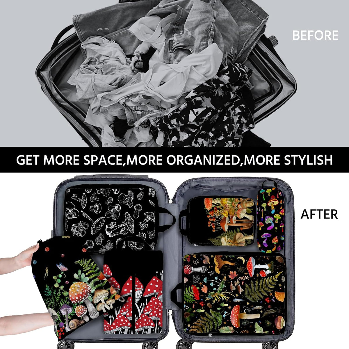 6 Pcs Compression Packing Cubes Waterproof Suitcase Travel Bag Luggage Backpack Organizer Travel Cubes for Packing-Black Mushroom