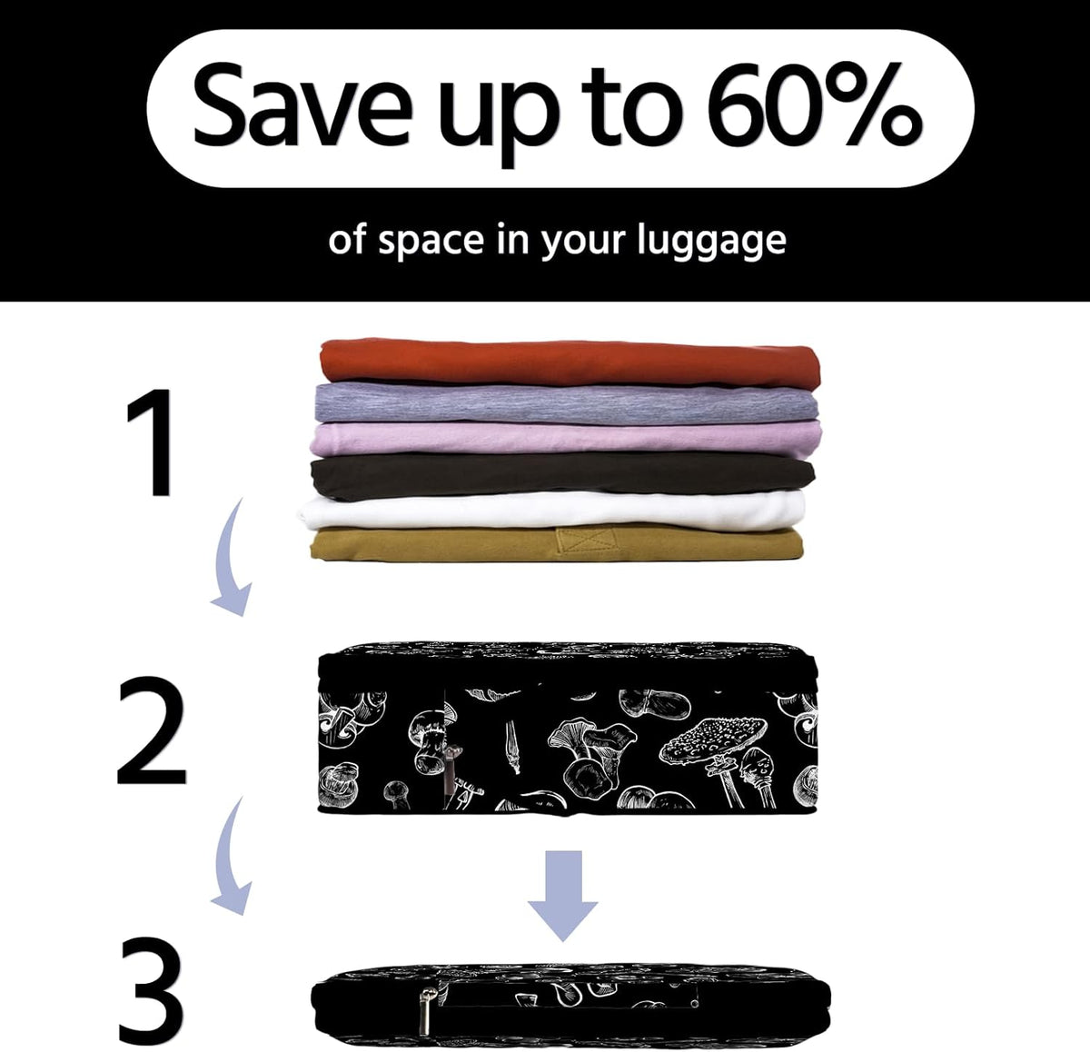 6 Pcs Compression Packing Cubes Waterproof Suitcase Travel Bag Luggage Backpack Organizer Travel Cubes for Packing-Black Mushroom