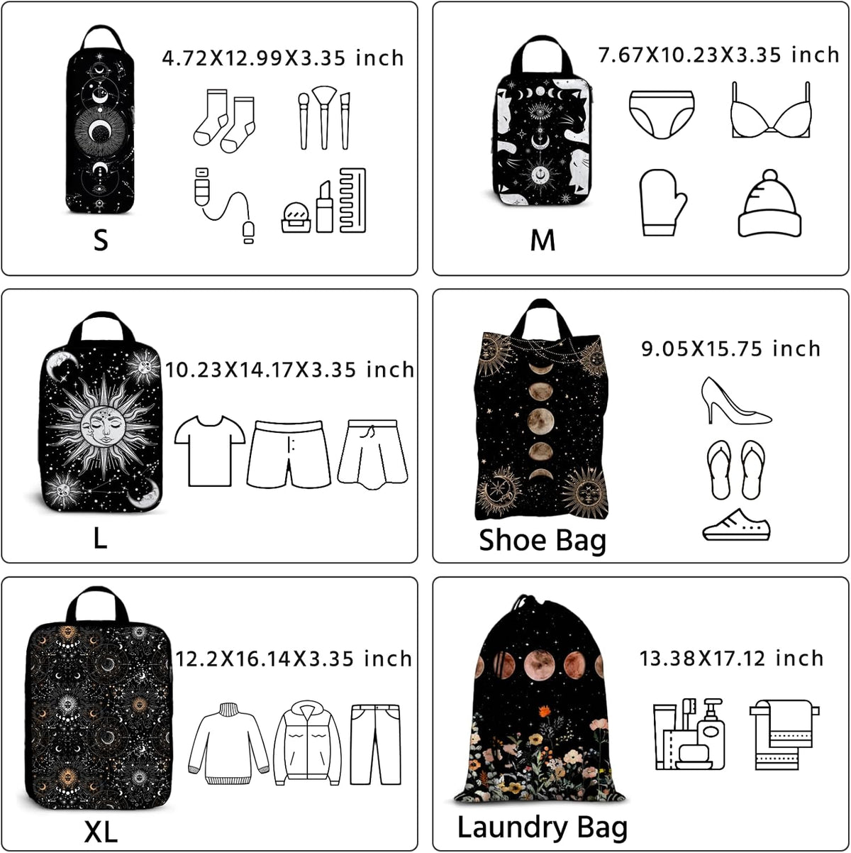 6 Pcs Compression Packing Cubes Waterproof Suitcase Travel Bag Luggage Backpack Organizer Travel Cubes for Packing-Black Mushroom