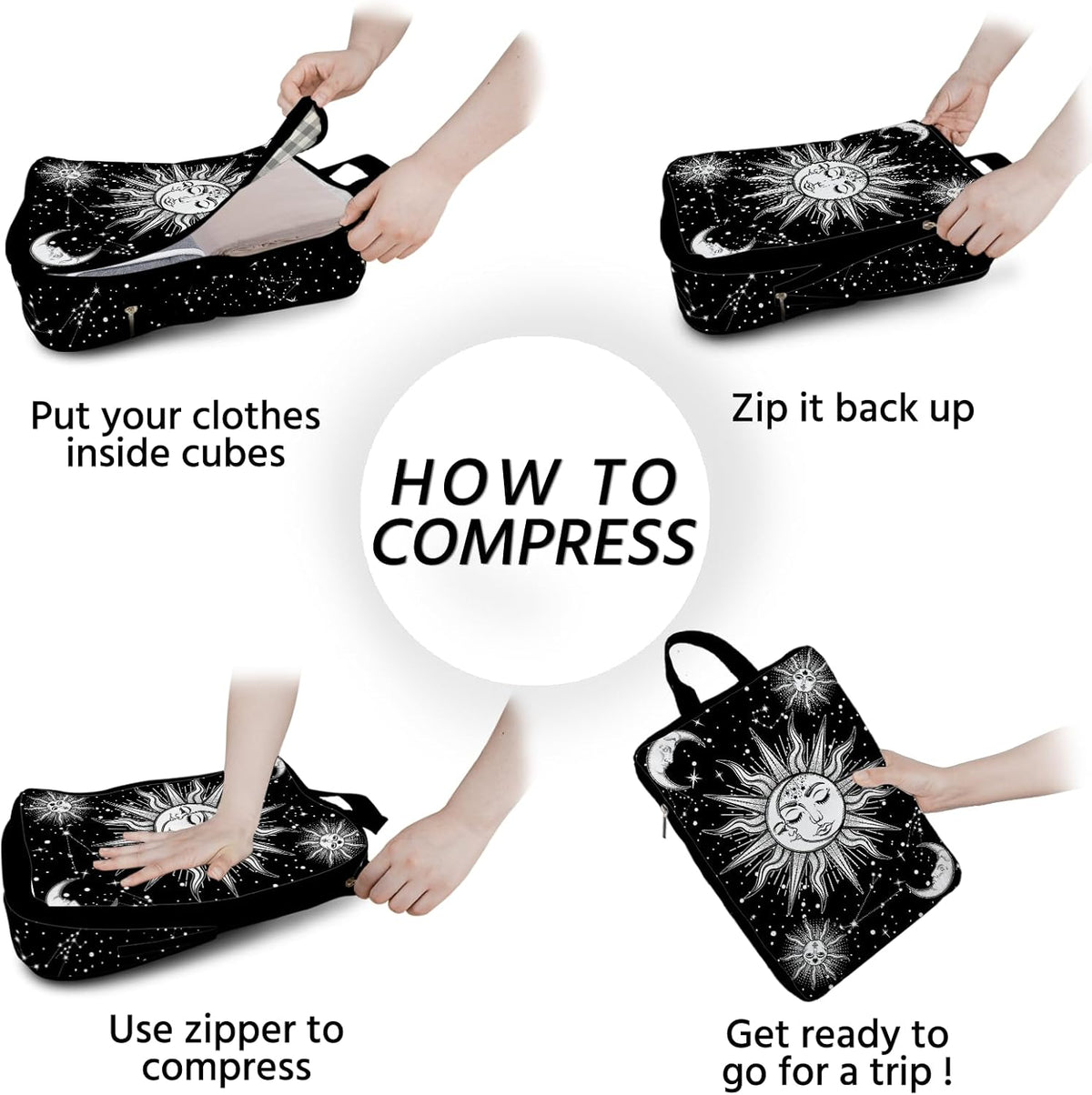 6 Pcs Compression Packing Cubes Waterproof Suitcase Travel Bag Luggage Backpack Organizer Travel Cubes for Packing-Black Mushroom