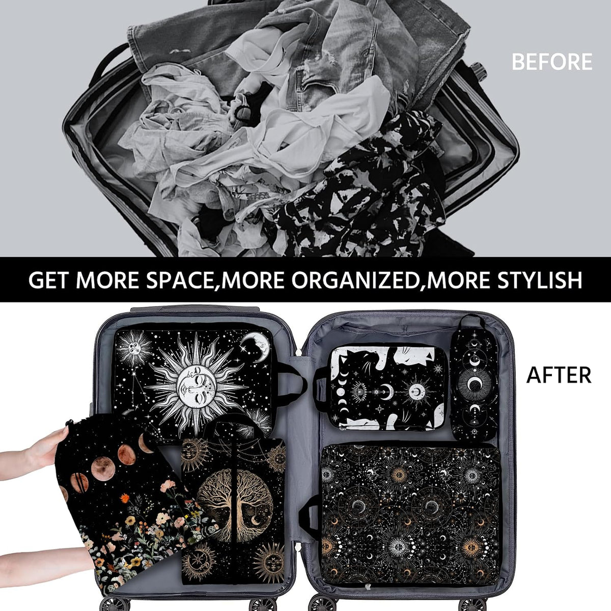 6 Pcs Compression Packing Cubes Waterproof Suitcase Travel Bag Luggage Backpack Organizer Travel Cubes for Packing-Black Mushroom