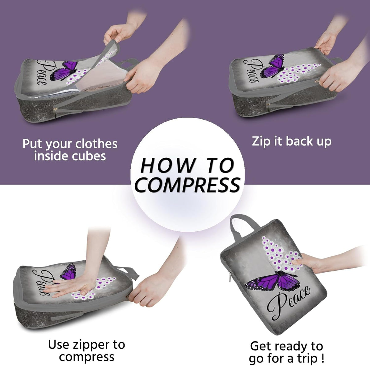 6 Pcs Compression Packing Cubes Waterproof Suitcase Travel Bag Luggage Backpack Organizer Travel Cubes for Packing-Black Mushroom