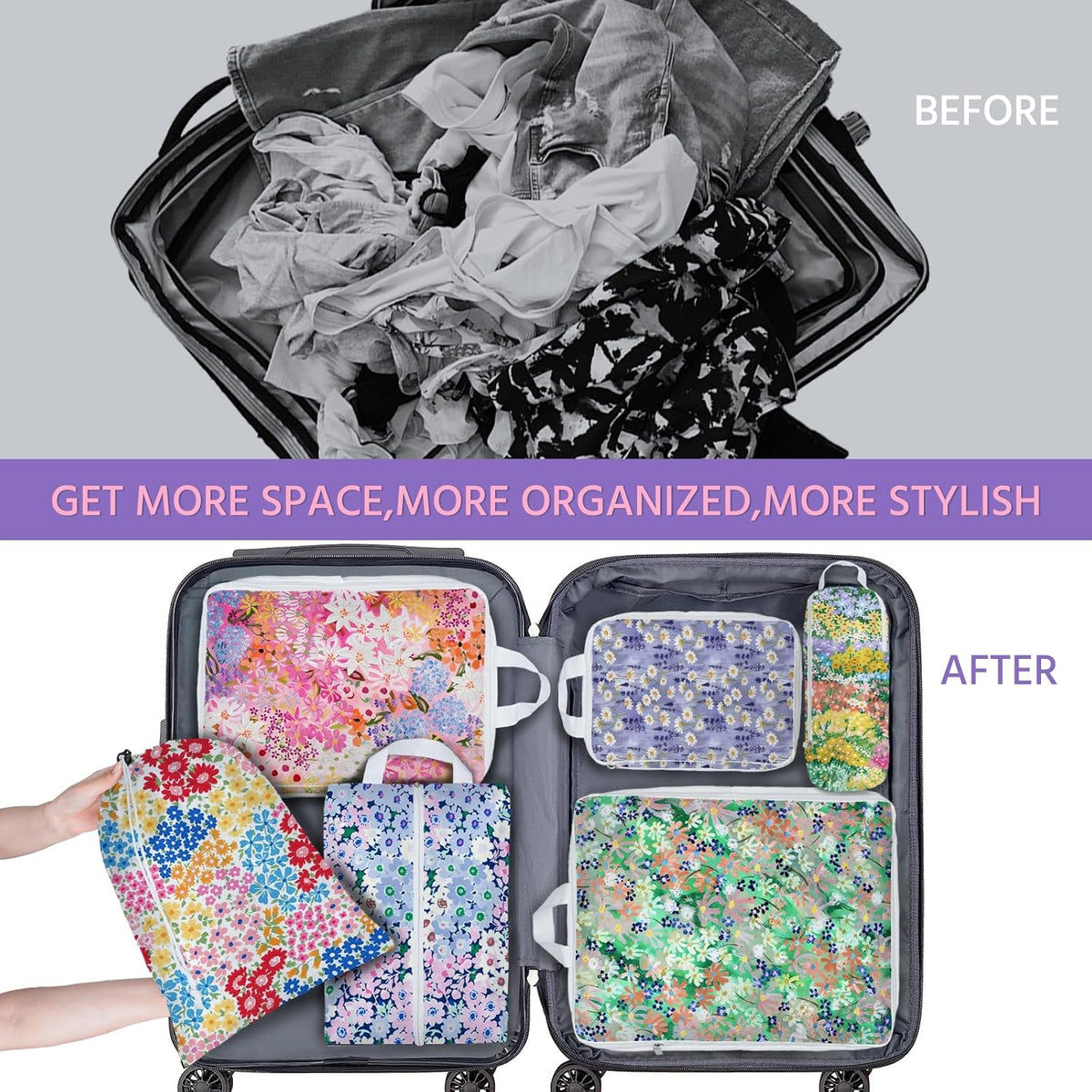 6 Pcs Compression Packing Cubes Waterproof Suitcase Travel Bag Luggage Backpack Organizer Travel Cubes for Packing-Black Mushroom