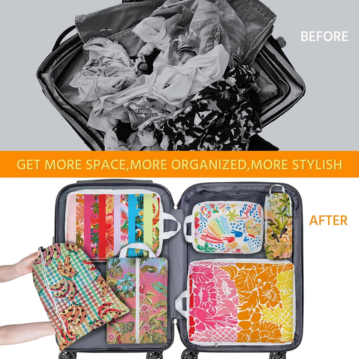 6 Pcs Compression Packing Cubes Waterproof Suitcase Travel Bag Luggage Backpack Organizer Travel Cubes for Packing-Black Mushroom