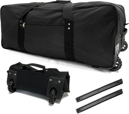 36" Extra Large Foldable Rolling Duffle Bag with Support, Heavy-Duty Spacious Checked Luggage Bag, Wheelered Cargo Tote for Travel Camping Moving, Black
