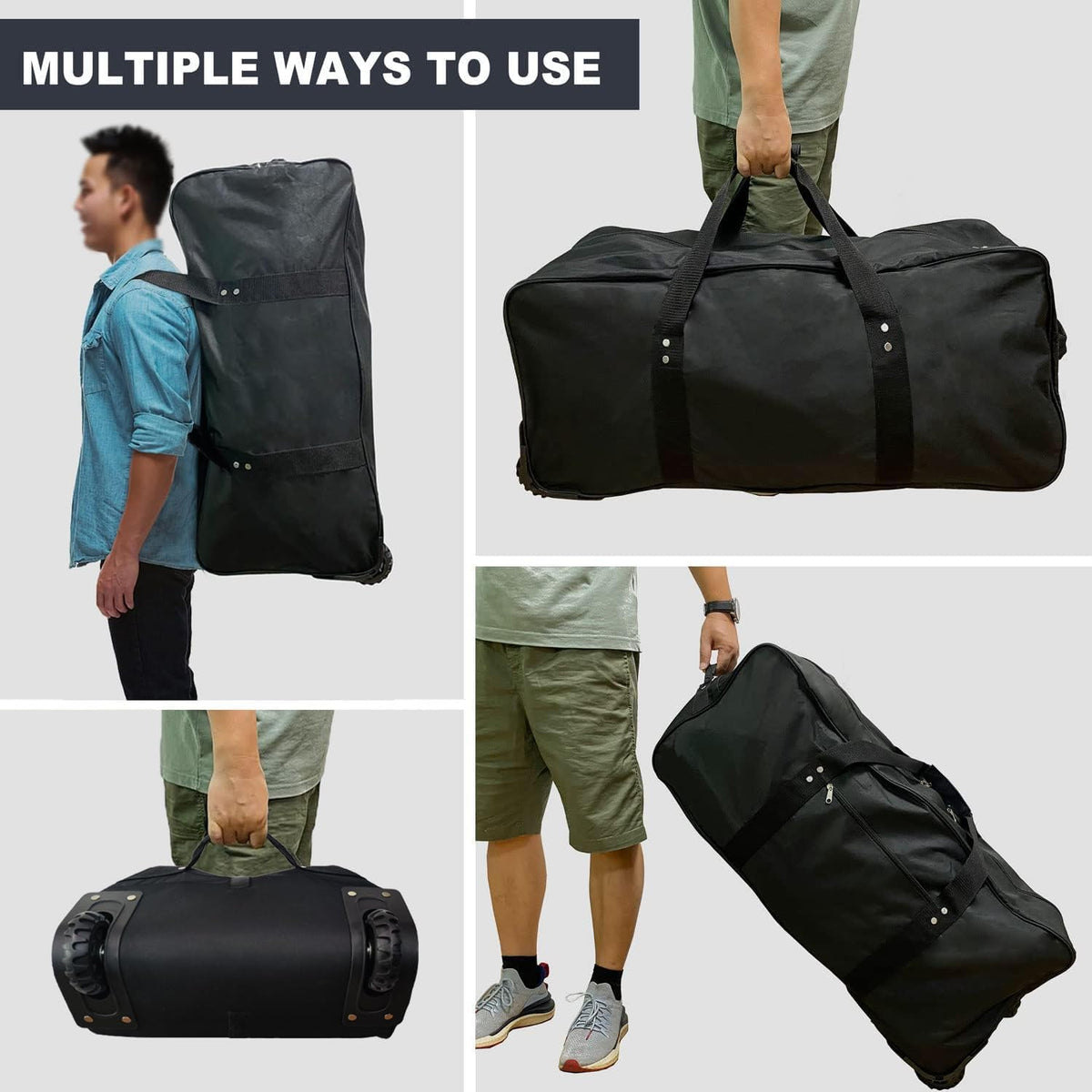 36" Extra Large Foldable Rolling Duffle Bag with Support, Heavy-Duty Spacious Checked Luggage Bag, Wheelered Cargo Tote for Travel Camping Moving, Black