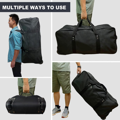 36" Extra Large Foldable Rolling Duffle Bag with Support, Heavy-Duty Spacious Checked Luggage Bag, Wheelered Cargo Tote for Travel Camping Moving, Black