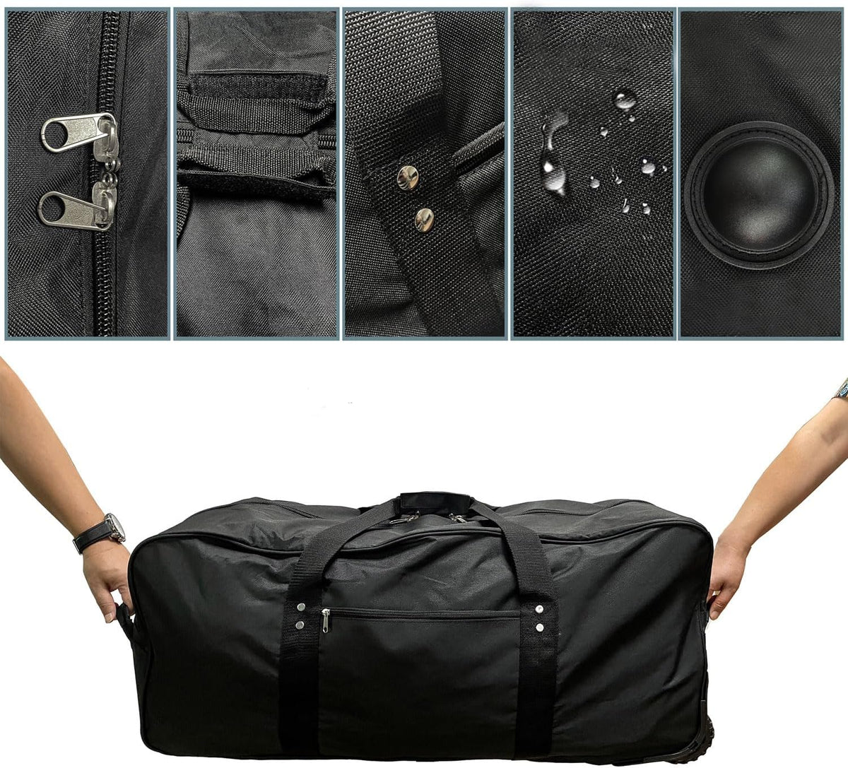 36" Extra Large Foldable Rolling Duffle Bag with Support, Heavy-Duty Spacious Checked Luggage Bag, Wheelered Cargo Tote for Travel Camping Moving, Black