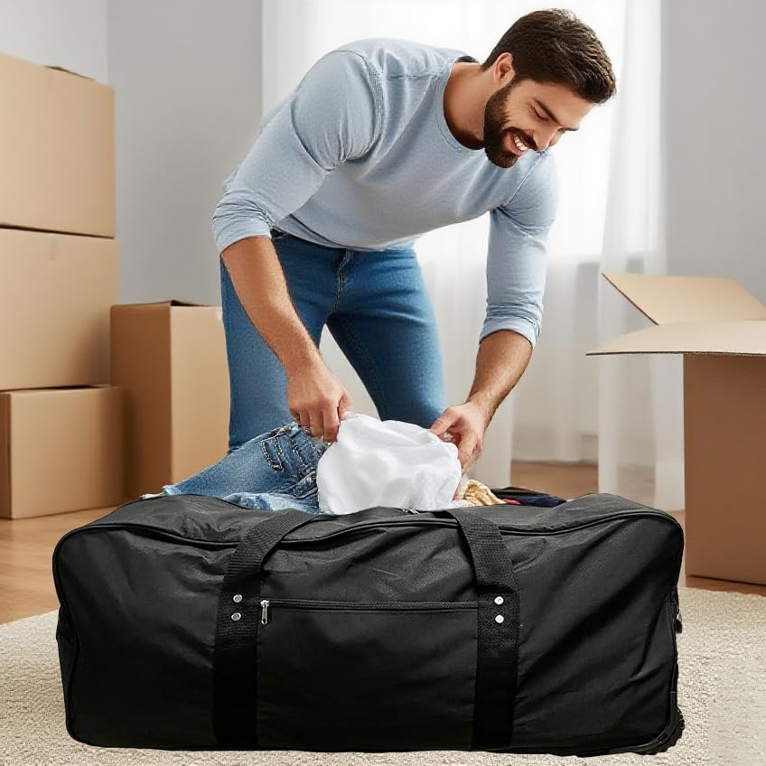 36" Extra Large Foldable Rolling Duffle Bag with Support, Heavy-Duty Spacious Checked Luggage Bag, Wheelered Cargo Tote for Travel Camping Moving, Black