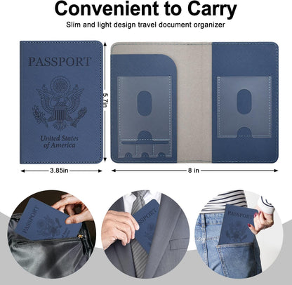 Passport Holder for Women and Men, Blue | Premium PU Leather, RFID Blocking, Travel Wallet, Documents Organizer