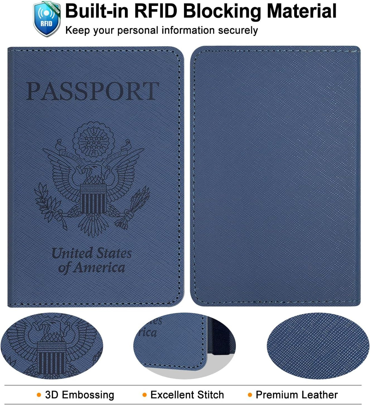 Passport Holder for Women and Men, Blue | Premium PU Leather, RFID Blocking, Travel Wallet, Documents Organizer