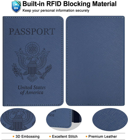 Passport Holder for Women and Men, Blue | Premium PU Leather, RFID Blocking, Travel Wallet, Documents Organizer