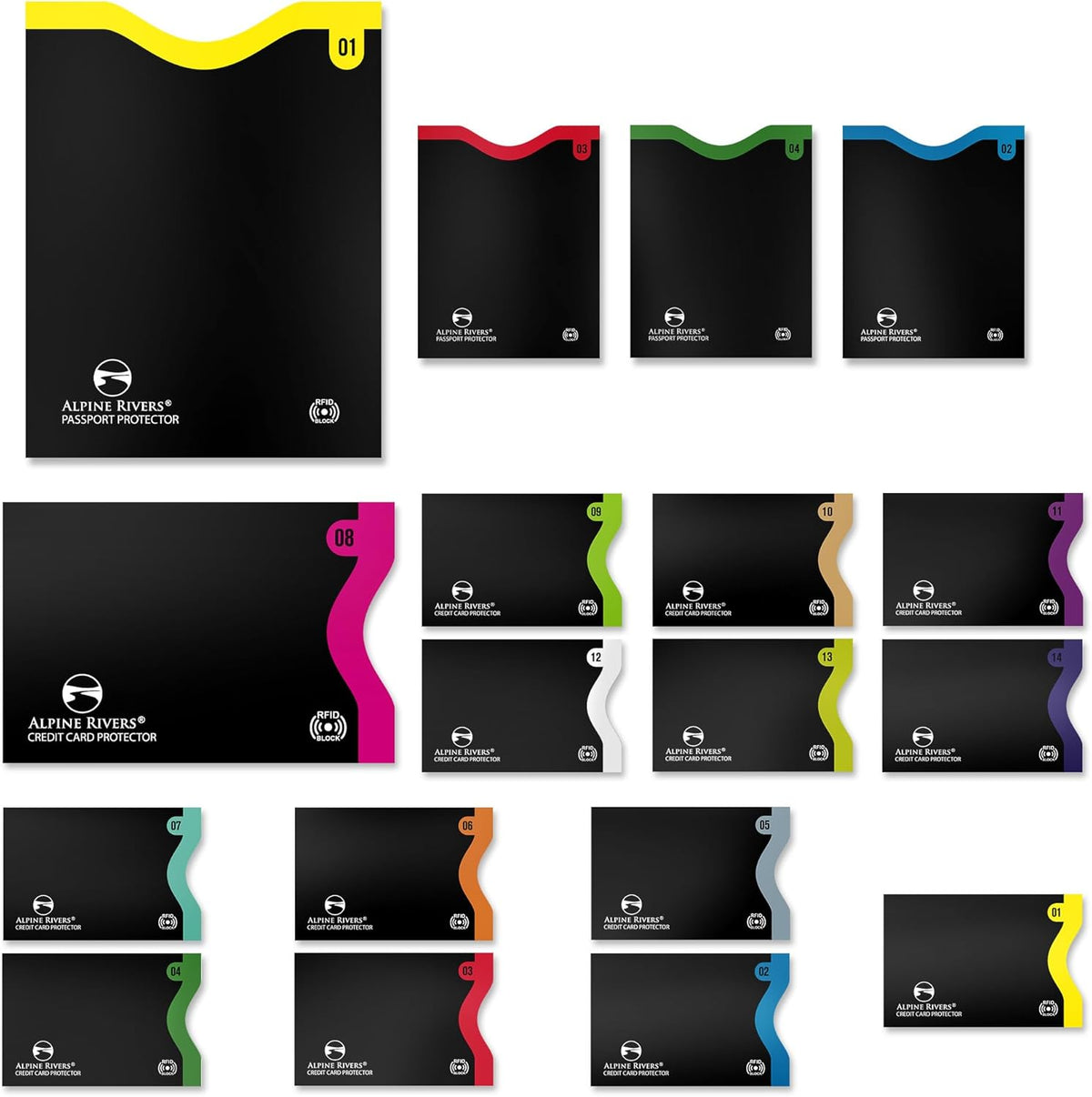 RFID Blocking Sleeves, Credit Card Protector, Passport Sleeve | 18-piece: 14 black sleeves, fits debit, ID cards; 7 top, 7 side-load; 4 passport; 13.56 MHz NFC blocker