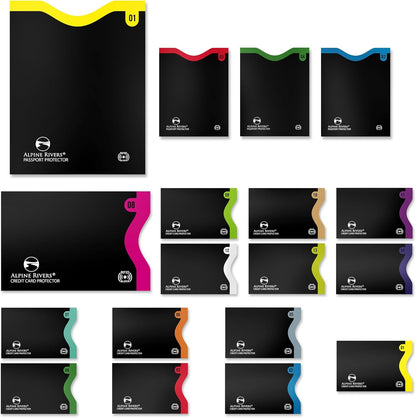 RFID Blocking Sleeves, Credit Card Protector, Passport Sleeve | 18-piece: 14 black sleeves, fits debit, ID cards; 7 top, 7 side-load; 4 passport; 13.56 MHz NFC blocker