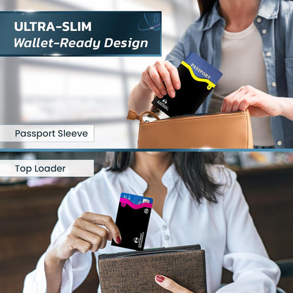 RFID Blocking Sleeves, Credit Card Protector, Passport Sleeve | 18-piece: 14 black sleeves, fits debit, ID cards; 7 top, 7 side-load; 4 passport; 13.56 MHz NFC blocker