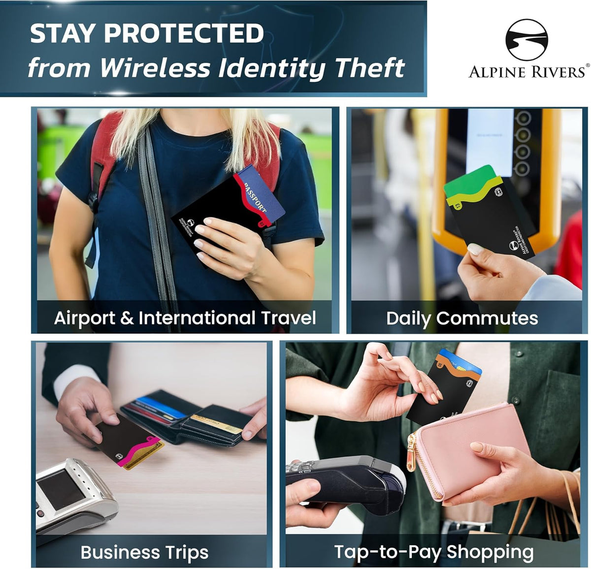 RFID Blocking Sleeves, Credit Card Protector, Passport Sleeve | 18-piece: 14 black sleeves, fits debit, ID cards; 7 top, 7 side-load; 4 passport; 13.56 MHz NFC blocker